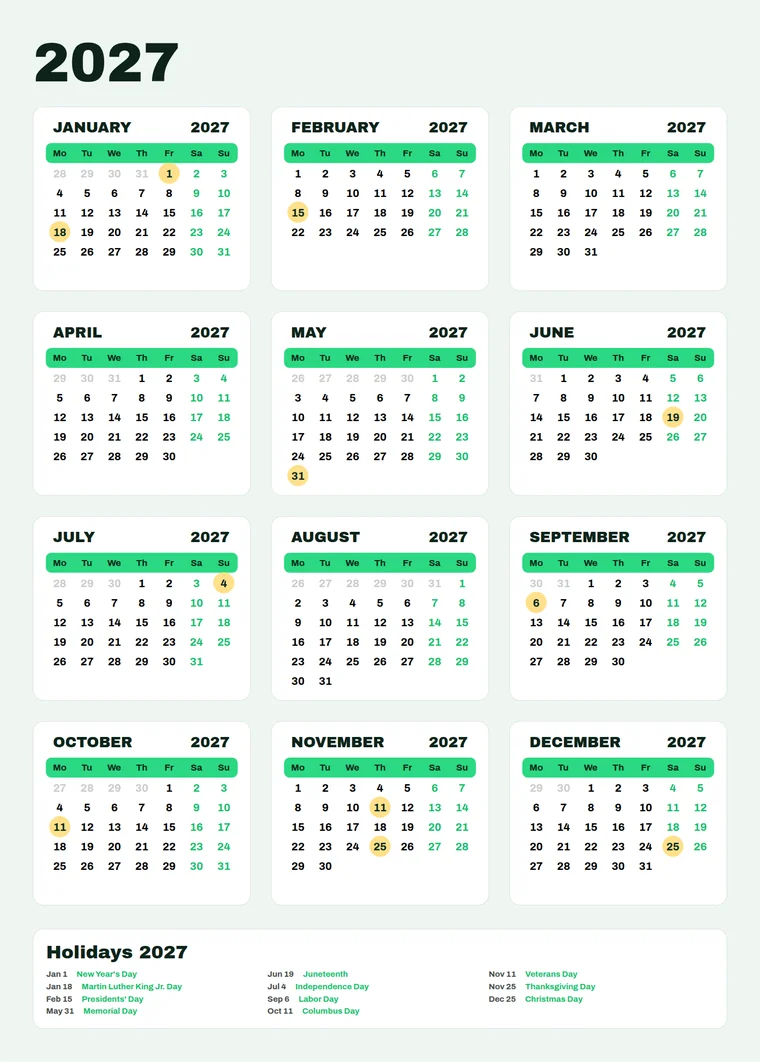 Month cards, day bars, highlights calendar made with CalenClick