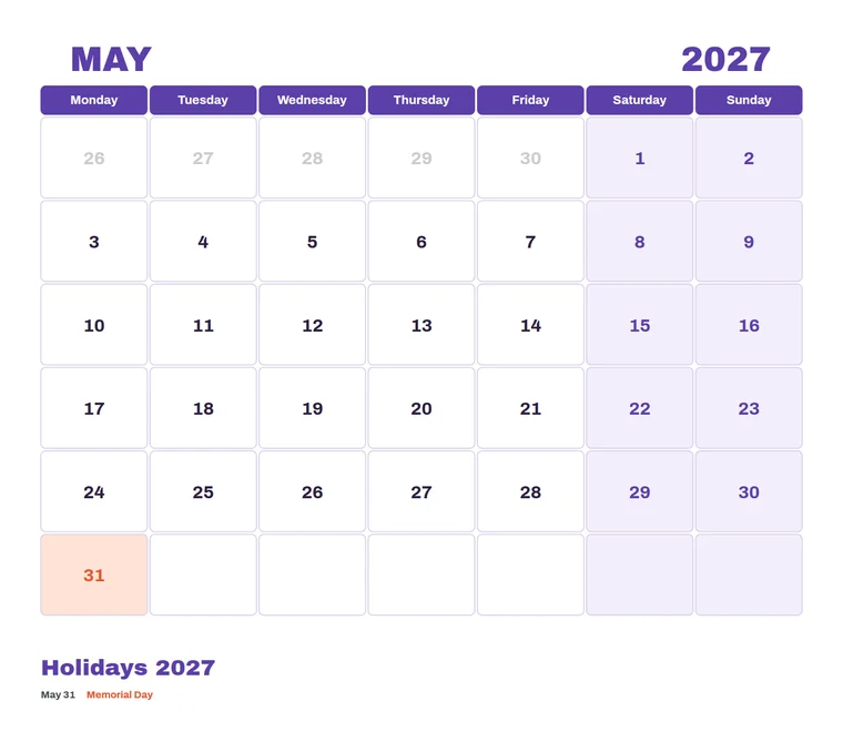 Single month planner grid calendar made with CalenClick