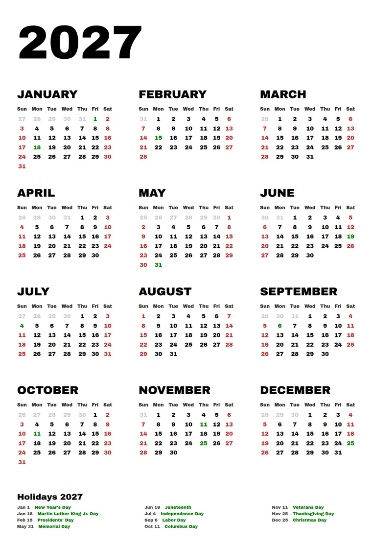 Classic year, US holidays calendar made with CalenClick
