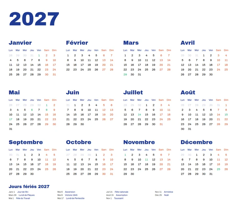 French, Monday first calendar made with CalenClick