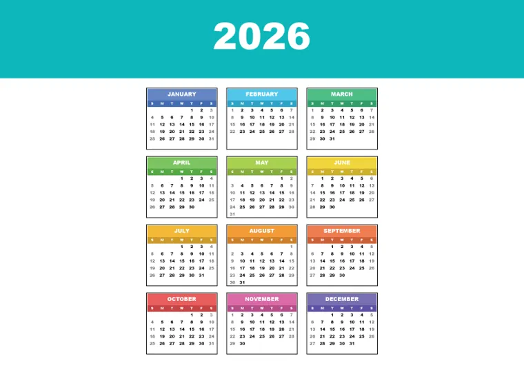 12 Colors Classic calendar made with CalenClick