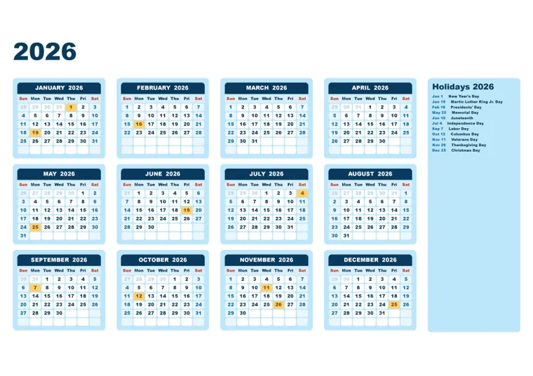 Sky Blue · with holidays calendar made with CalenClick