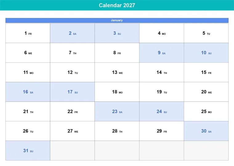 Custom 5-Column Dates calendar made with CalenClick