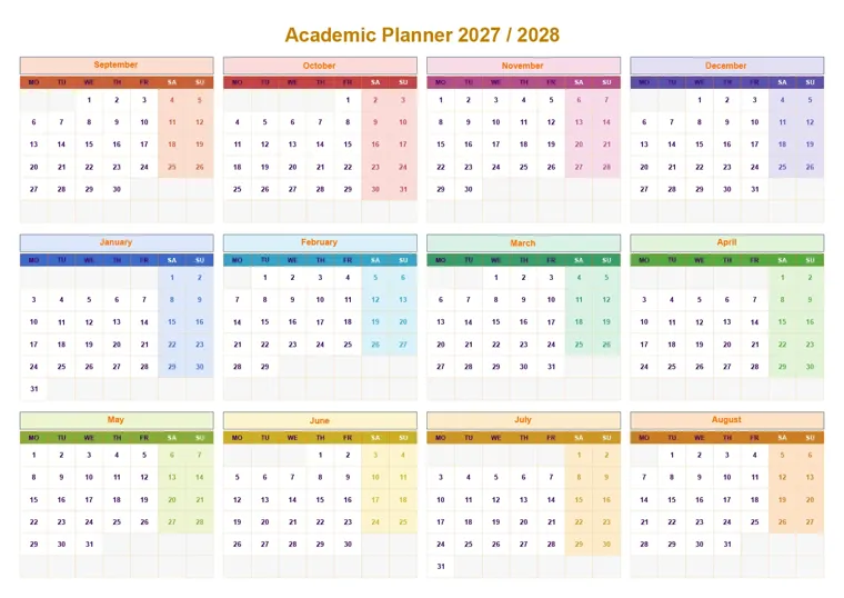 Academic Year (Sept start) calendar made with CalenClick