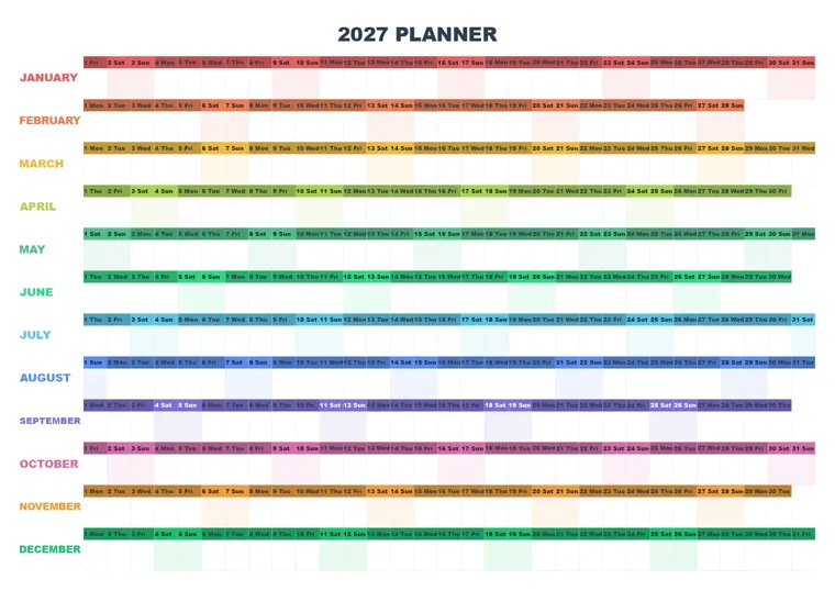 Linear Year Rainbow calendar made with CalenClick
