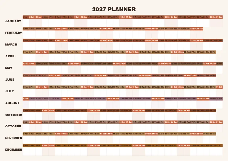 Linear Year Terracotta calendar made with CalenClick
