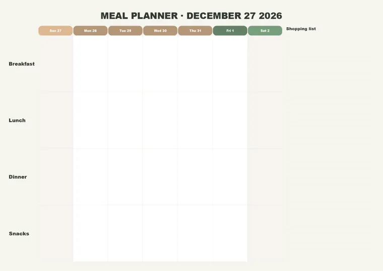 Weekly Meal Planner calendar made with CalenClick