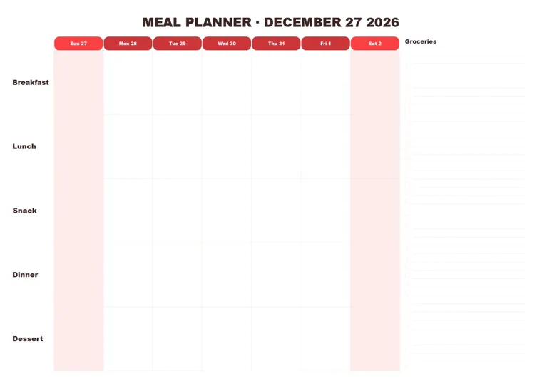 Family Meal Planner calendar made with CalenClick