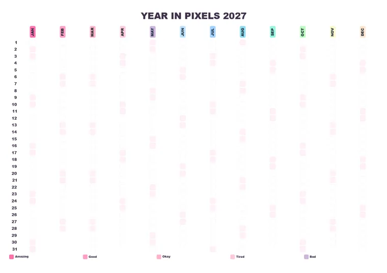 Year in Pixels Pastel calendar made with CalenClick