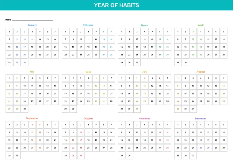 Year of Habits calendar made with CalenClick