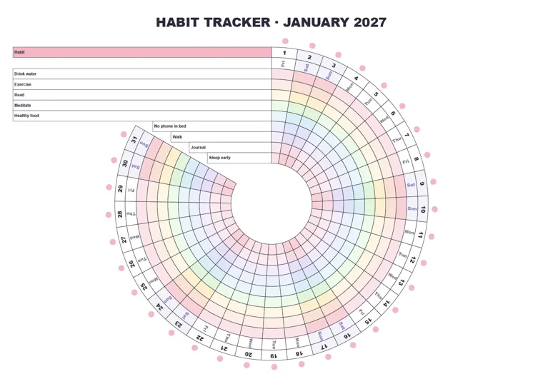 Habit Wheel Day Names calendar made with CalenClick