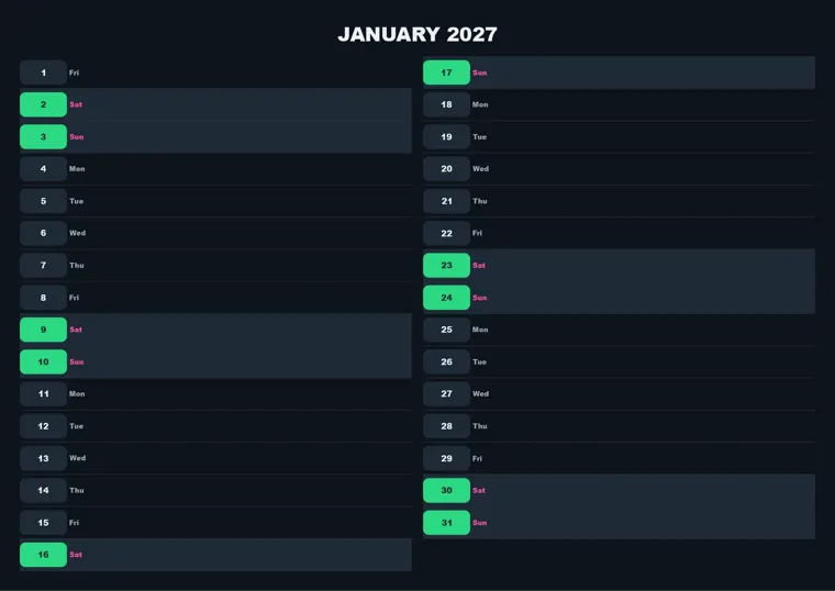 Month Agenda Neon calendar made with CalenClick