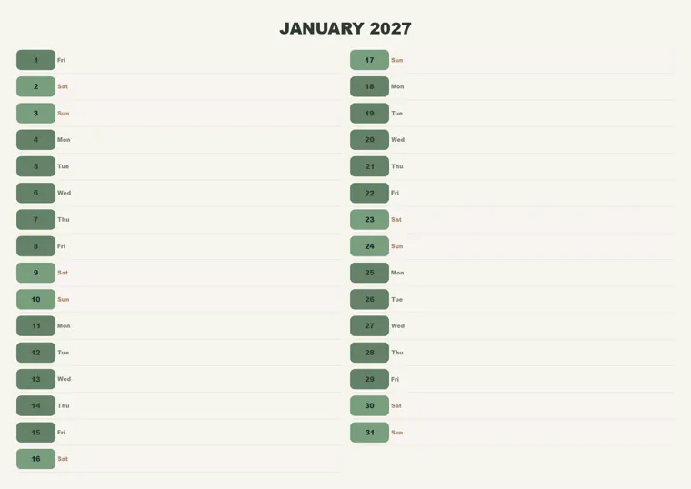 Month Agenda Sage calendar made with CalenClick