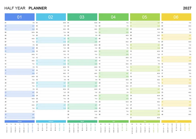 Half Year Writing Pages calendar made with CalenClick