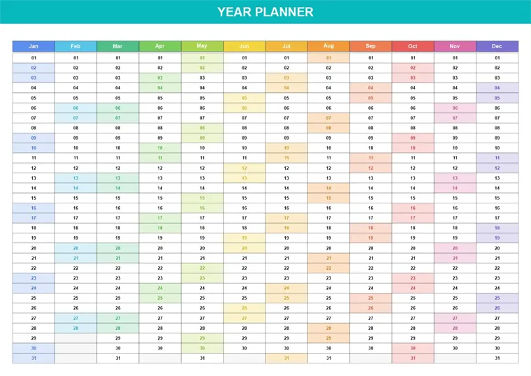 Twelve Month Columns calendar made with CalenClick