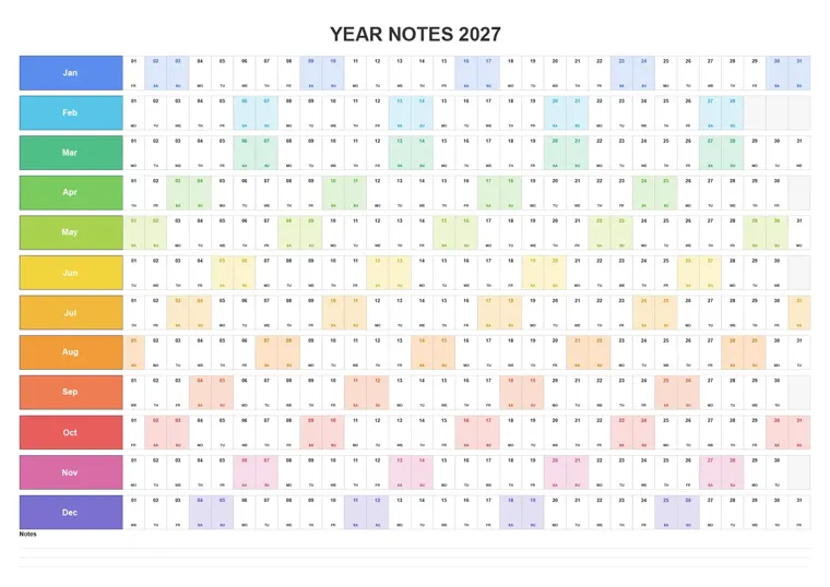 Horizontal Year Notes calendar made with CalenClick
