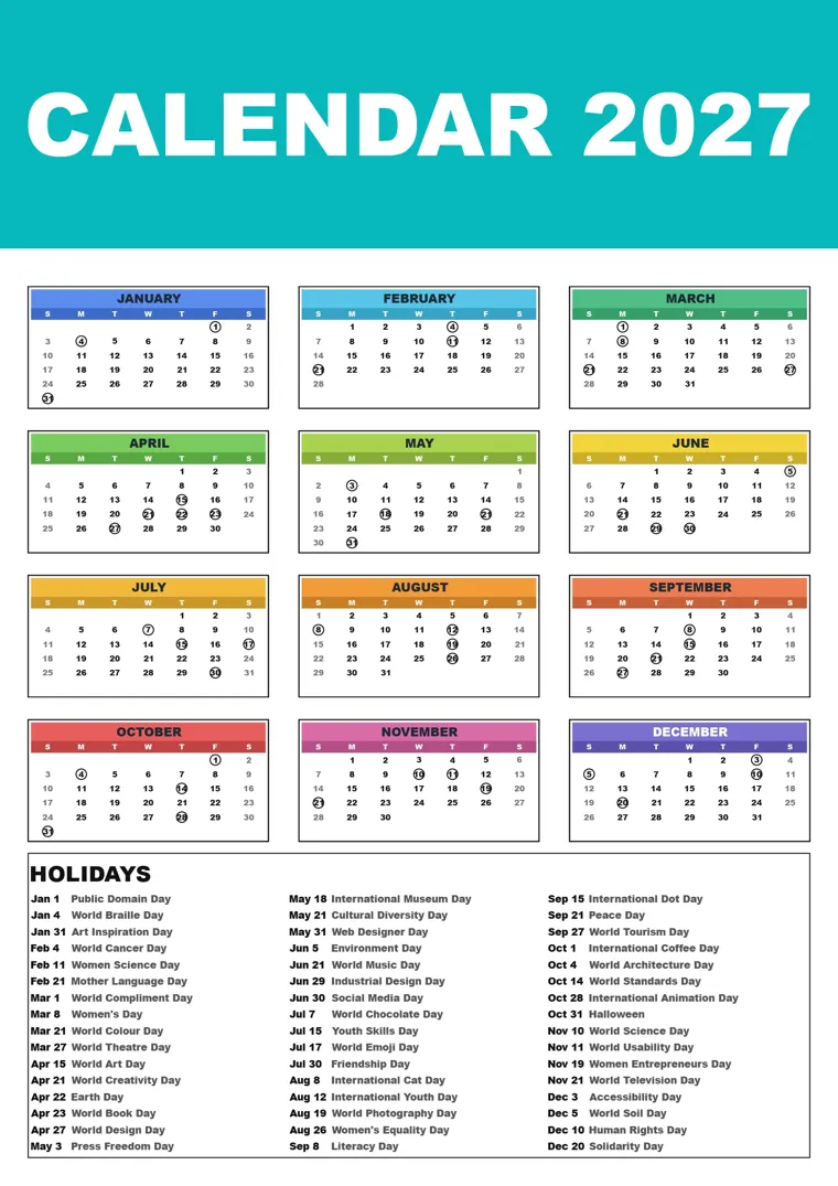 12 Colors · with holidays calendar made with CalenClick