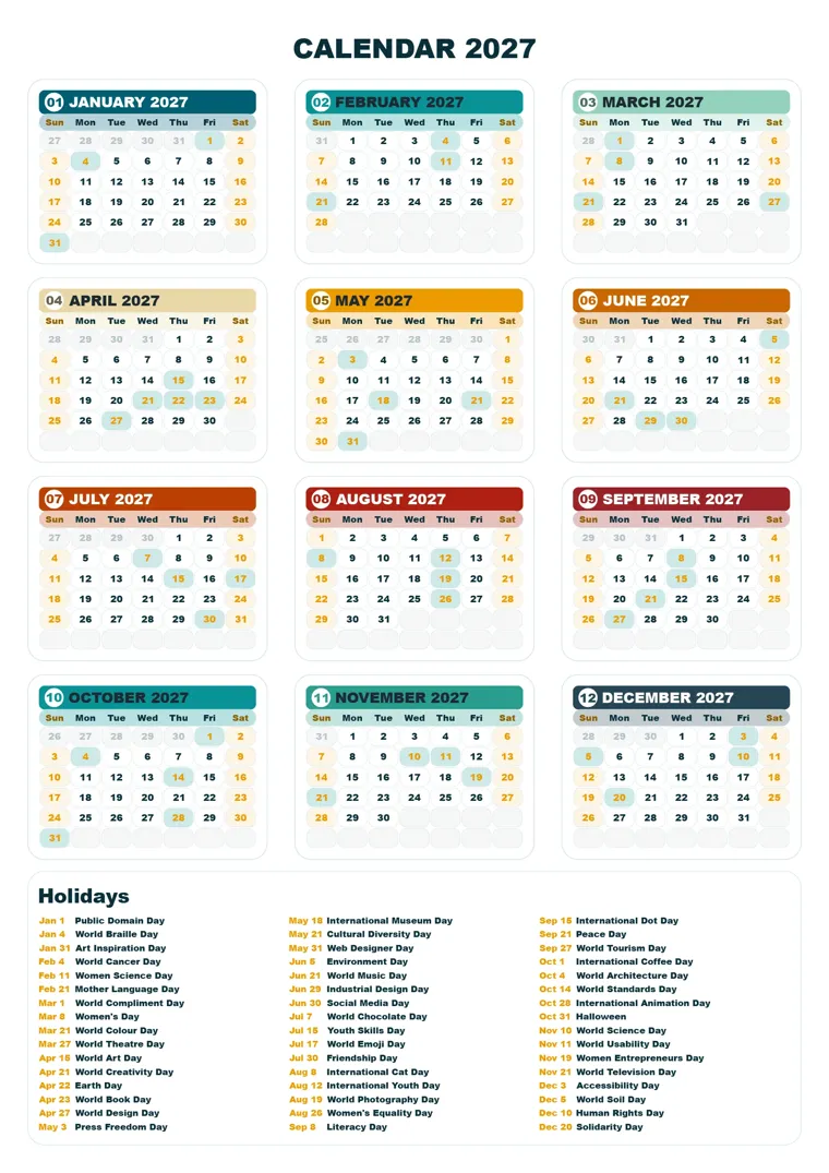 Ocean Deep · with holidays calendar made with CalenClick
